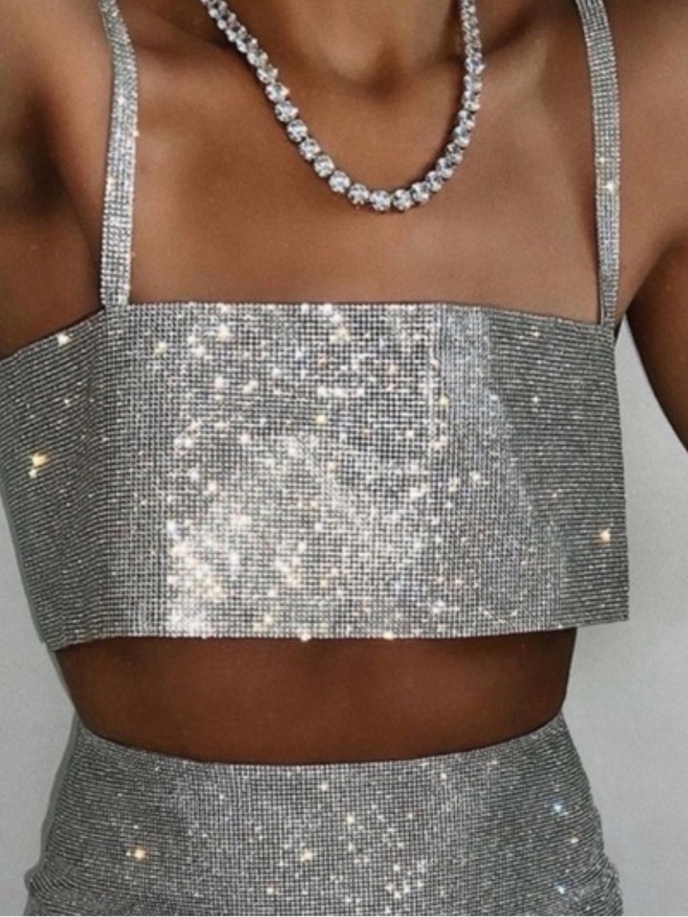 White Fox Rhinestone Crystal Crop Top Silver Sparkly Party Club Cami XS/S